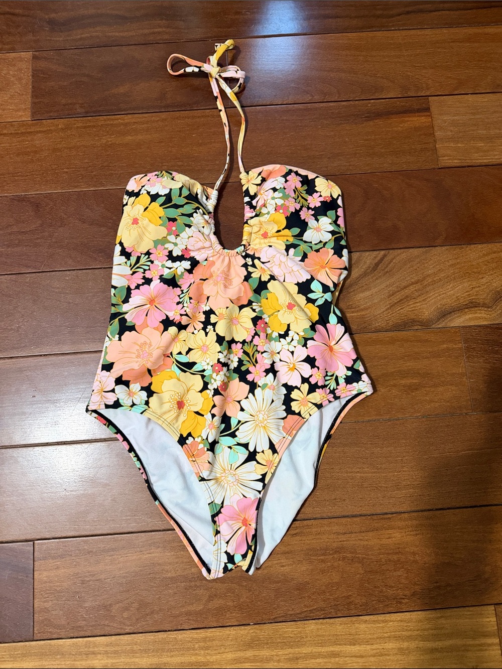 Floral One-Piece Swimsuit - Black with Yellow & Pink Flowers